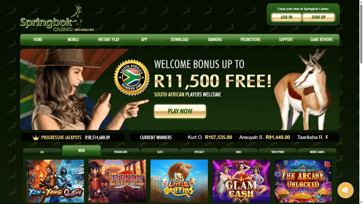 Springbok Casino desktop casino home interface