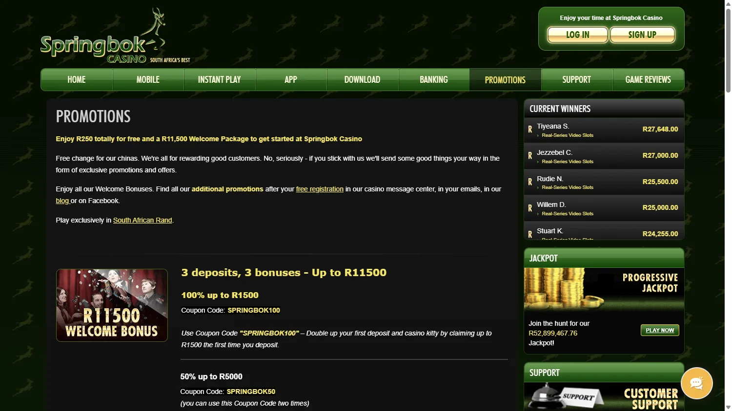 Springbok Casino desktop promotions interface